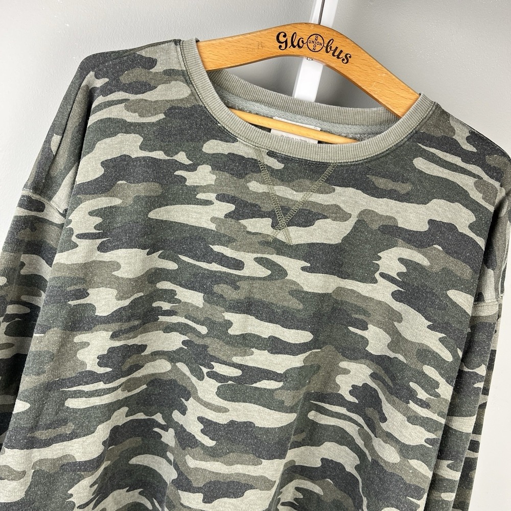 Lucky Brand Womens Sweatshirt M Camo Print Oversized Relaxed Green Pullover